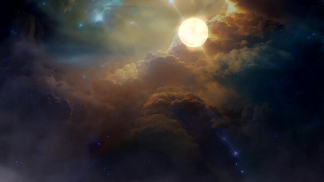 Fantasy landscape Full Moon on with Storm Clouds. Illustration of Smooth Movement of Clouds with Moonlight in the Sky. Seamless looping video animation virtual background. Sky apocalypse