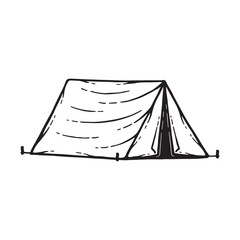 Camping Travel Tent Hand Drawn Vector Illustration. Design element for shirt design, logo, sign, poster, banner, card