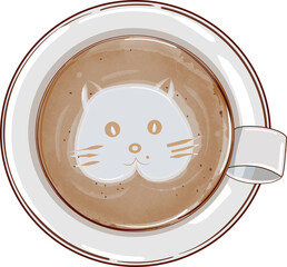 coffee latte cat art pattern cappuccino in white ceramic cup and coaster clipart illustration