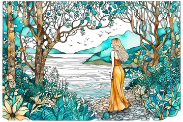 watercolor and fine ink pen landscape scene that shows a boho-styled woman walking in a forest