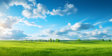 Fototapeta na wymiar green field and blue sky,Field of grass and perfect sky