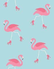 Vector seamless pattern of flat hand drawn flamingo riding roller skates isolated on blue background