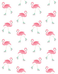 Vector seamless pattern of flat hand drawn flamingo riding roller skates isolated on white background