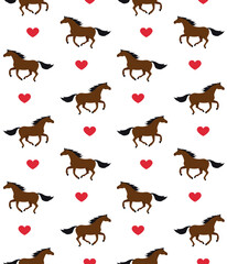 Vector seamless pattern of flat hand drawn horses and hearts isolated on white background