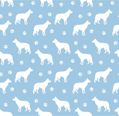 Vector seamless pattern of dog silhouette isolated on blue background