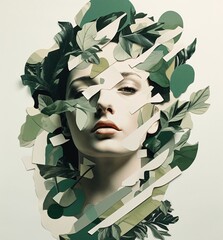Intricate Leaf Ensemble: A Young Woman's Mystique Illustrated Through Paper Collage Brilliance
