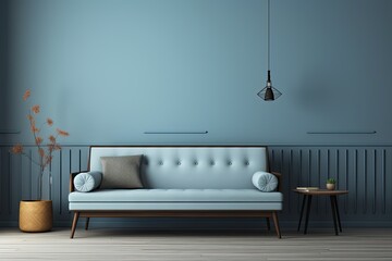 A room painted in shades of grey, featuring a blue couch, a bench, and a side table.