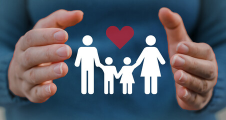 Fototapeta na wymiar Hand holding family love care and protect, family mental health, health and house insurance, family life, happy mother father and children, mother day, father day concept