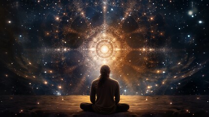 Fototapeta na wymiar Universe Within: A Meditative Voyage amidst Celestial Splendors. Guided by Stars, Serenity, and Stillness in Stellar Meditation.