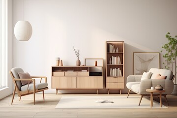 A modern home decor template showcasing a stylish Scandinavian home interior, complete with a design wooden commode, books, decorations, ample space for personalizing, and elegant personal accessories