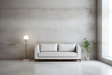 A pristine white room adorned with a cozy leather loveseat and a solid concrete wall.