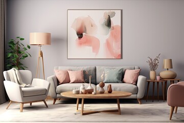Fototapeta na wymiar A template depicting a chic living room arrangement adorned with a simulated poster frame, a gray sofa, wood furnishings, and personal decorative items. The color scheme is composed of soft neutral