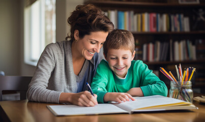 Fototapeta na wymiar a cheerful mother helping her son with his homework at home