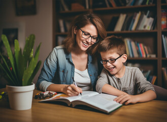 a cheerful mother helping her son with his homework at home