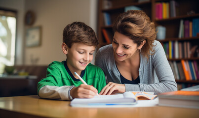 Fototapeta na wymiar a cheerful mother helping her son with his homework at home