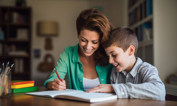 a cheerful mother helping her son with his homework at home