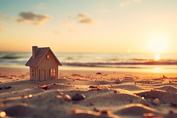 A miniature house placed on a sandy beach with a sunset backdrop. There is empty space to add content related to family lifestyle and the real estate industry. The image has a vintage hue with a