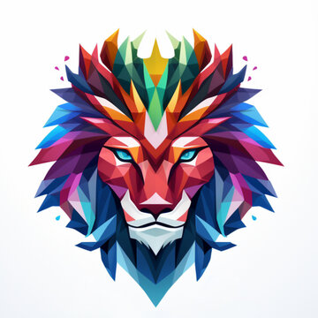 colorful lion head on white backround , in the style of colorful layered forms and conceptual art pieces