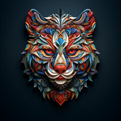 colrful wolf head  on blacklit room, in the style of colorful layered forms and conceptual art pieces