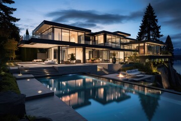Fototapeta na wymiar A spacious and contemporary house located in the outskirts of Vancouver, Canada, presenting an aura of opulence and situated amidst a picturesque setting, as the sun begins to set and the nightfall