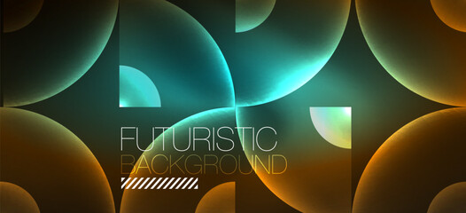 Abstract background with neon glowing light effects. Round shapes, triangles and circles. Wallpaper for concept of AI technology, blockchain, communication, 5G, science, business and technology