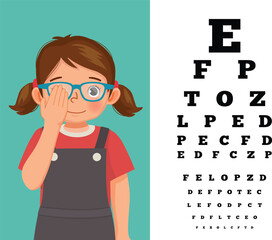 Cute little girl with eyeglasses cover her eye having vision test reading block letters at ophthalmologist office - obrazy, fototapety, plakaty