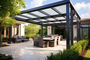 A stylish outdoor patio pergola that allows the sunlight to filter through its metallic structure. - obrazy, fototapety, plakaty