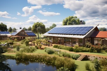 Fototapeta na wymiar A residence featuring rooftop solar panels. There is a solar-powered farm nearby, complemented by stables in the surroundings of lush greenery. The serene scene displays a vibrant blue sky with fluffy