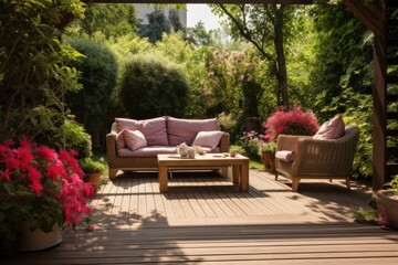 Fototapeta premium A sunny garden features a wooden deck with a rattan patio set, comprising a sofa, table, and chair.