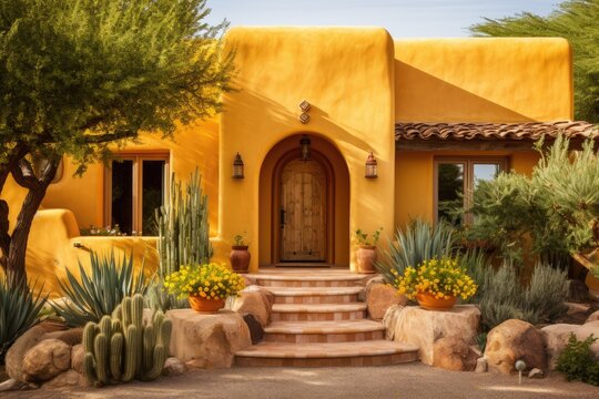 A stunning Tucson, Arizona residence boasting a fresh ranch-style design, adorned with gold and mustard yellow stucco, complemented by picturesque blue skies and well-maintained landscaping.