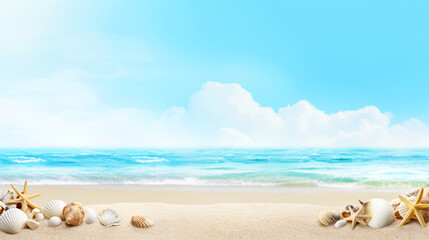 Fototapeta na wymiar Banner with beach background and blue ocean. Vacation concept. Copy space. Generative AI