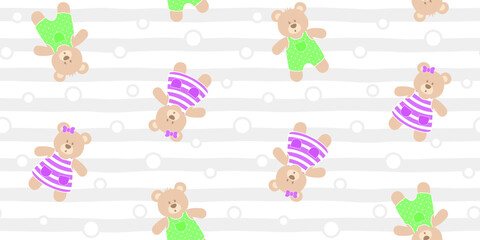 Obraz premium Brown teddy bears in a green bodysuit and purple dress on a gray and white striped background with circles. Kids endless texture with cute animals in funny clothes. Vector seamless pattern for print