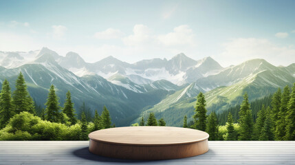 Wooden podium or stage for product presentation. Background, landscape with forest and mountains. Generative AI