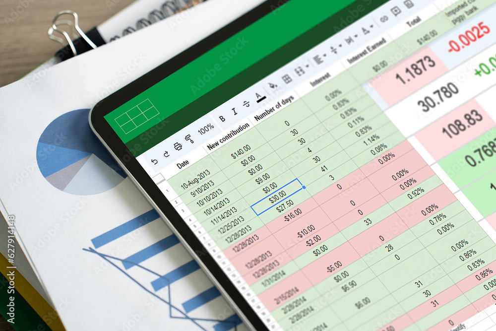 Poster businessman working with data and graphs in spreadsheet documents for online analysis microsoft exce