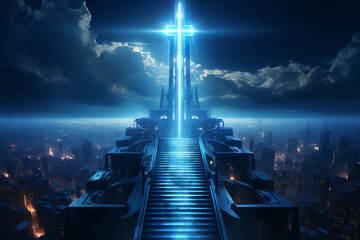 Heaven's Illumination: A Futuristic Glowing Cross Guides the Way to Eternity