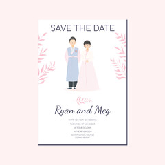 Simple Minimalist Modern Cute Wedding Invitation Template with Traditional Hanbok South Korea Wedding clothes, Cute couple illustration Save the date Template