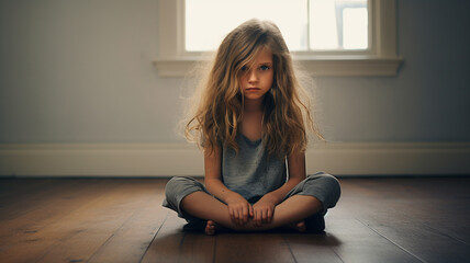 Sad little girl sitting on the floor.Stressed , sad and unhappy child. - Powered by Adobe