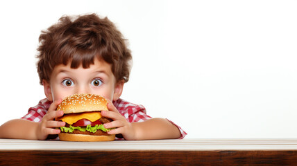 Potrait of little boy peeping through a burger.