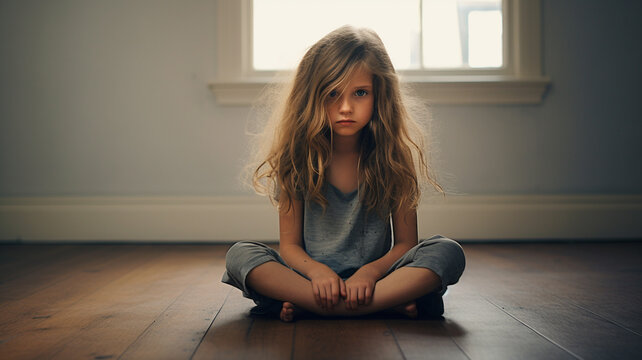 Sad little girl sitting on the floor.Stressed , sad and unhappy child.