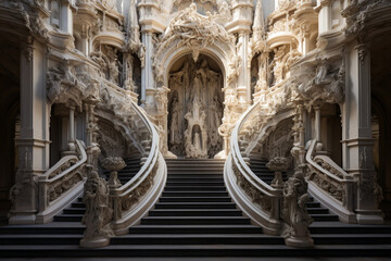 Heavenly pathway: Majestic cathedral steps adorned with angel statues leading to arched stained glass gates - obrazy, fototapety, plakaty