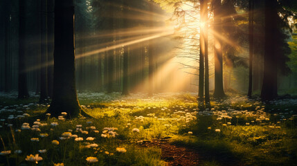 Forest background with rays of sun. Generative AI