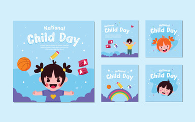 Vector illustration of National children's day poster. template with the theme of a happy girl and the concept of balls, pencils, rainbows on a simple blue background.