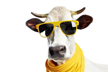 Mafia Cow or bullock farm wearing cowboy hat and sunglasses portrait looking at camera isolated on clear png background, funny moment, Farmland animals concept, with Generative Ai.