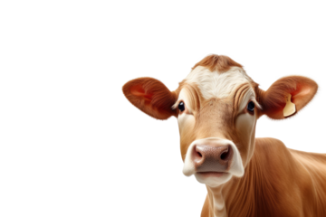 Brown Cow or bullock farm portrait looking at camera isolated on clear png background, funny moment, Farmland animals concept, with Generative Ai.