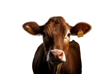 Brown Cow or bullock farm portrait looking at camera isolated on clear png background, funny moment, Farmland animals concept, with Generative Ai.