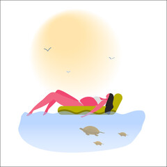 a young pregnant mother swims with turtles in the sea on a mattress. Fitness and health for pregnant women.