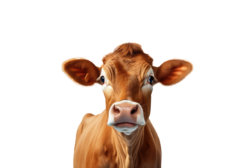 Brown Cow or bullock farm portrait looking at camera isolated on clear png background, funny moment, Farmland animals concept, with Generative Ai.