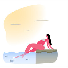 young pregnant woman rinsing her legs in the sea while sitting on the pier.Health and sports for pregnant women.