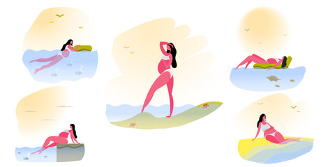 a set of drawings about the life of a pregnant young mother on vacation.