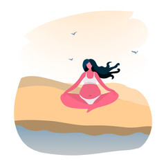 young pregnant woman meditating on the beach
